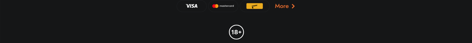 Casino footer with Visa, Mastercard, and Jeton payment options, a “More” link, and an 18+ age restriction badge on a dark background.