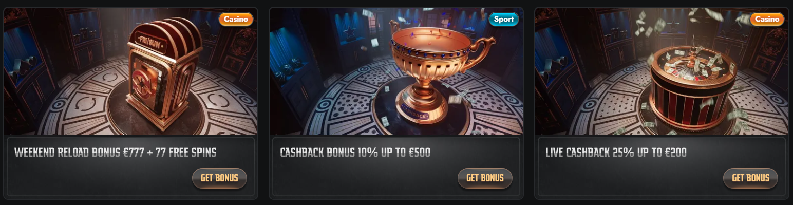 Casino banner featuring a vintage slot machine promoting a €777 weekend reload bonus with 77 free spins. Sports-themed banner with a golden trophy advertising a 10% cashback bonus up to €500. Casino roulette banner with falling money promoting a 25% live cashback bonus up to €200.