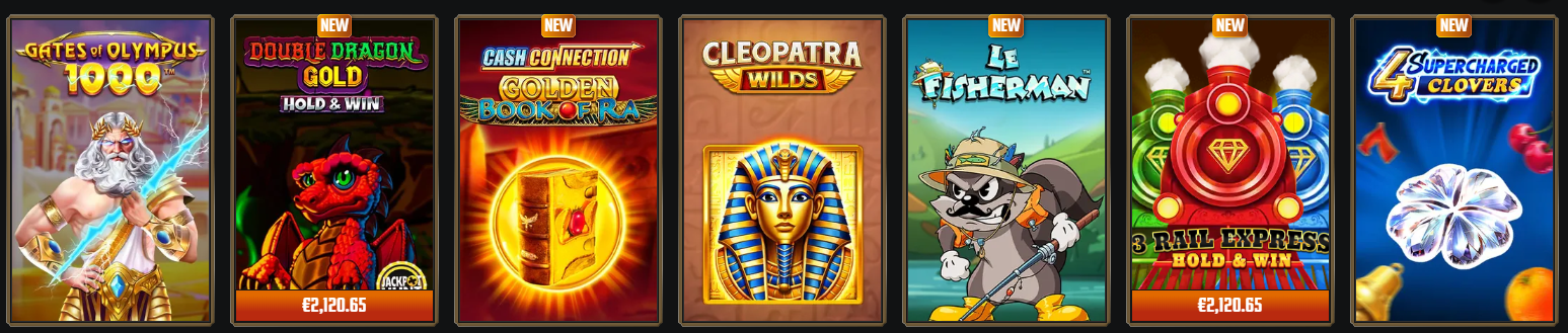 Collection of online slot game thumbnails including Gates of Olympus 1000, Double Dragon Gold, Cleopatra Wilds, and other colorful casino titles.