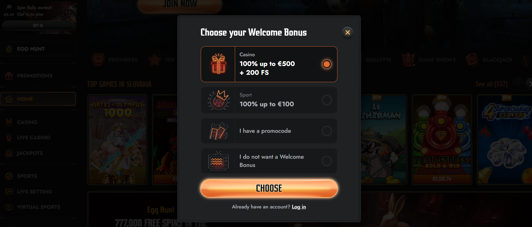 Casino popup for choosing a welcome bonus with options including 100% up to €500 + 200 free spins and a highlighted “Choose” button.
